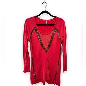 Free People | Red Beaded & Embroidered Long Sweatshirt Tunic Lace